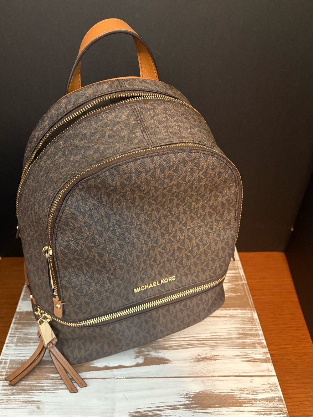 Michael Kors Brown Signature Logo Mini Backpack with Gold Hardware